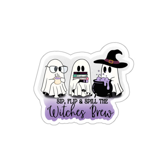 "Sip, Flip & Spill the Witches’ Brew" Cute Ghost Witch Halloween Sticker